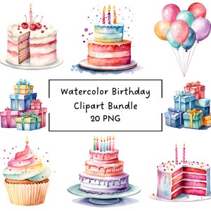 Aquarel verjaardag clipart | Gelukkige verjaardag PNG clipart bundel | Verjaardagstaart Ballonnen Cadeautjes Cupcake| Commercieel gebruik | Digitaal downloaden