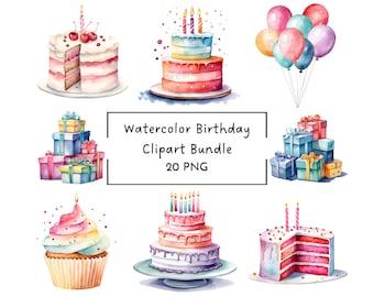 Watercolor Birthday Clipart | Happy Birthday PNG Clipart Bundle | Birthday Cake Balloons Presents Cupcake| Commercial Use | Digital Download