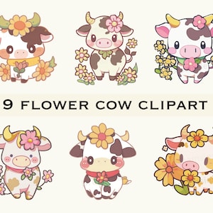 Imágenes prediseñadas de vaca linda / Imágenes prediseñadas PNG / Uso comercial / Imágenes prediseñadas de vaca Kawaii / Descarga instantánea / Arte imprimible de vaca flor / Gráficos de vaca / Floral