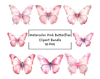 Imágenes prediseñadas de mariposas de acuarela / Paquete de imágenes prediseñadas de mariposas rosas / Uso comercial / Descarga digital / PNG Clipart / Mariposa pastel de ensueño