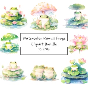 Watercolor Kawaii Frog Clipart | Cute Frog on Lily Pad Clipart Bundle | Adorable Froggie PNG | Stickers | Commercial Use | Digital Download