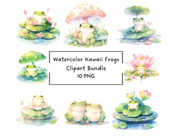 Watercolor Kawaii Frog Clipart | Cute Frog on Lily Pad Clipart Bundle | Adorable Froggie PNG | Stickers | Commercial Use | Digital Download