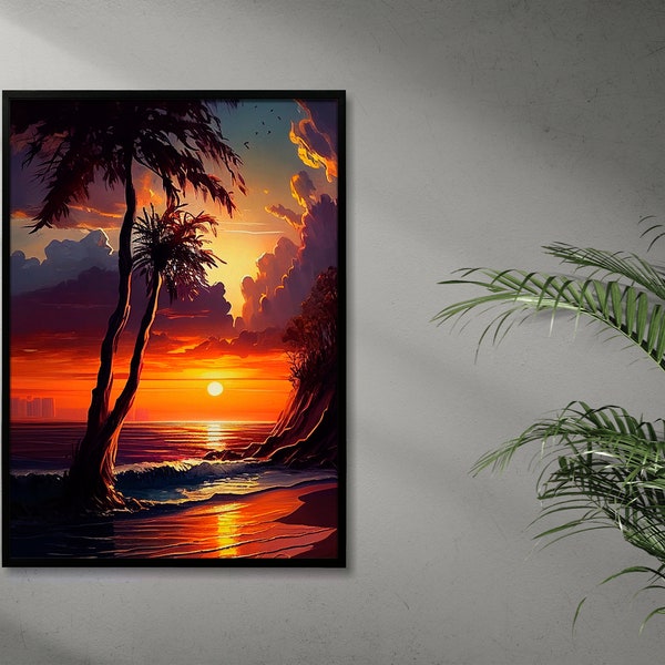 Beautiful Sunset, Palm Tree print, Ocean Poster, Ocean wall Art, Downloadable Art, ,Digital Art, Dark Sky, Printable Sunset Beach, Sunset