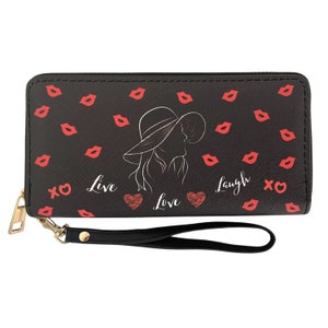Cartera larga con icono de moda para mujer, con cierre de cremallera, estampado de labios rojos, besos, corazones y risas