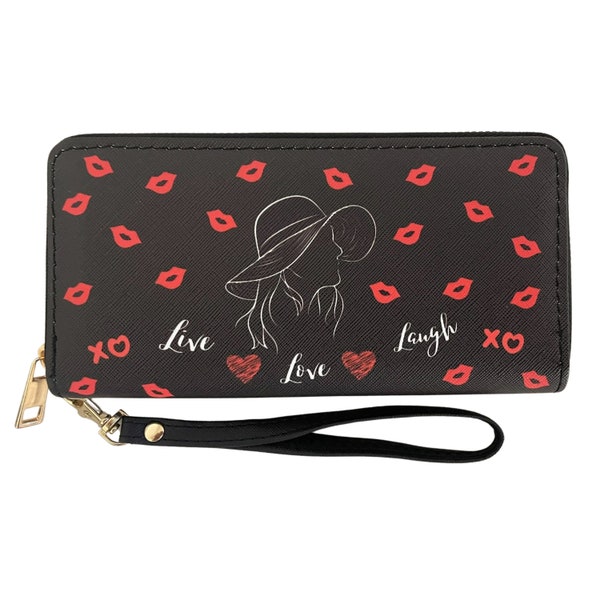 Women Fashion Icon Long Wallet - Zip Around Clutch - Red Lips Kisses -Hearts- Live, Love, and Laugh Print