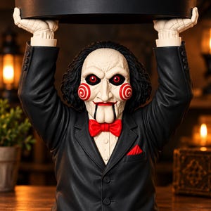 Peut inclure: Une figurine décorative représentant un personnage au visage pâle avec des cheveux noirs, des joues en spirale rouges et des yeux rouges, vêtu d'un costume noir avec un nœud papillon et une pochette rouges. Il tient un plateau noir au-dessus.
