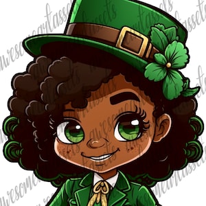 300 dpi Transparent PNG FILE Black Leprechaun Girl, St Patricks day, Melanin, dtf/dtg, sublimation, PNG, print, shamrock, african, shirt art