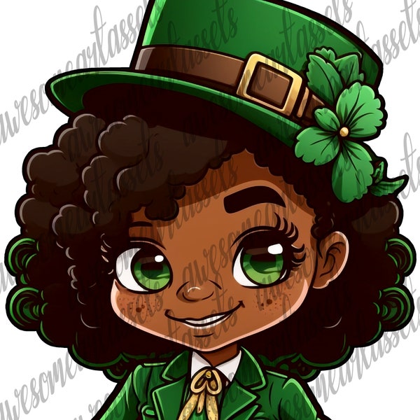 300 dpi Transparent PNG FILE Black Leprechaun Girl, St Patricks day, Melanin, dtf/dtg, sublimation, PNG, print, shamrock, african, shirt art