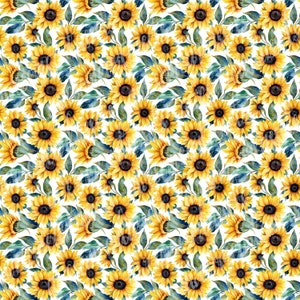 Könnte beinhalten: Ein nahtloses Muster mit Aquarell-Sonnenblumen mit gelben Blütenblättern und dunkelbraunen Zentren. Die Sonnenblumen sind von grünen Blättern auf weißem Hintergrund umgeben.