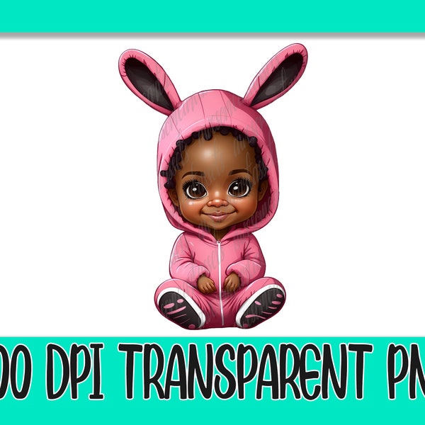 Black Baby Girl Wearing Easter Bunny Onesie, 300 dpi Transparent PNG FILE, Childs rabbit romper, dtf/dtg sublimation PNG print