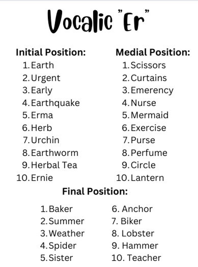 R Articulation Lists Prevocalic and Vocalic R All Positions Included Etsy