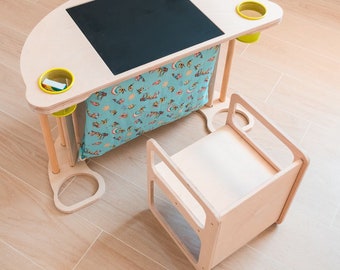 Kindertafel met 1 stoel, regenboogschommel Montessori klimmen, schommelstoel met schoolbord, pennenhouder, speelgoedtas, met krijtjes