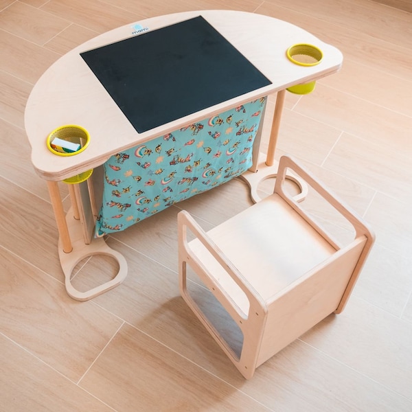 Table pour enfant avec 1 chaise, Rainbow Rocker Montessori Climbing, chaise berçante avec tableau noir, porte-stylo, sac à jouets, avec craies