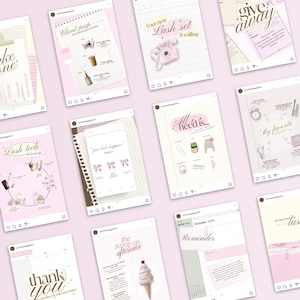 May include: A collection of pink and white Instagram-style graphics with text and illustrations. The graphics promote lash services, featuring phrases like "Client Prep," "Lash Tech," and "Your next Lash set is calling." Other graphics include a giveaway and a reminder.