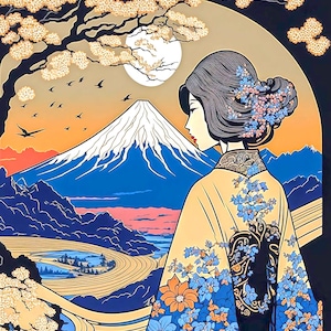 Ukiyo-e Art - Blue Fuji-san Mountain