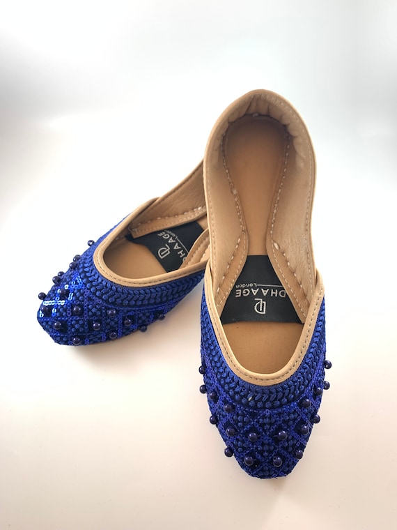 Handmade Blue Khussa Jutti, Indian Pakistani Sandal (UK Size 3,4,4.5)