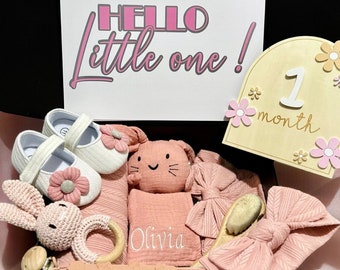Set de regalo personalizado para niña: juguete bordado, sonajero de crochet y tarjetas de hitos