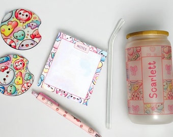 Set de regalo de papelería kawaii: vaso, bloc de notas y posavasos en tonos pastel