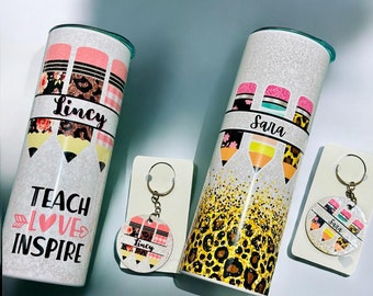 Set de regalo personalizado para profesores: vaso y llavero de acero inoxidable