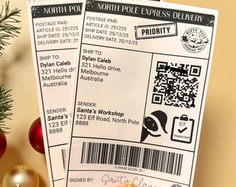 Etiquetas de envío personalizadas de Papá Noel, pegatinas de correo urgente del Polo Norte con código QR, etiquetas de regalo navideñas personalizadas para niños, etiquetas de envío de Papá Noel (Australia)