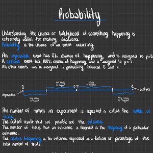 Pode incluir: Um quadro negro e branco com texto escrito à mão em azul que explica a probabilidade. O texto inclui os termos 'impossível', 'certo', 'ensaios', 'resultados', 'frequência' e 'frequência relativa'.