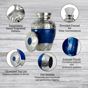 May include: A blue and silver urn with a threaded top lid and felt bottom. The urn has an enamel finish and an exquisitely hand-engraved pattern. A funnel is provided for convenience. The urn is designed to keep contents secure.
