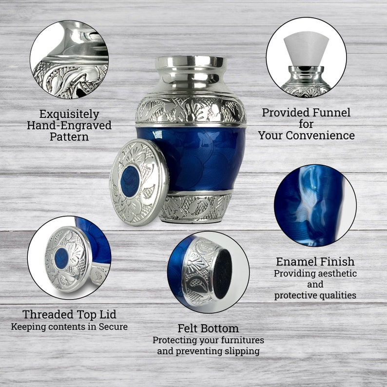 May include: A blue and silver urn with a threaded top lid and felt bottom. The urn has an enamel finish and an exquisitely hand-engraved pattern. A funnel is provided for convenience. The urn is designed to keep contents secure.