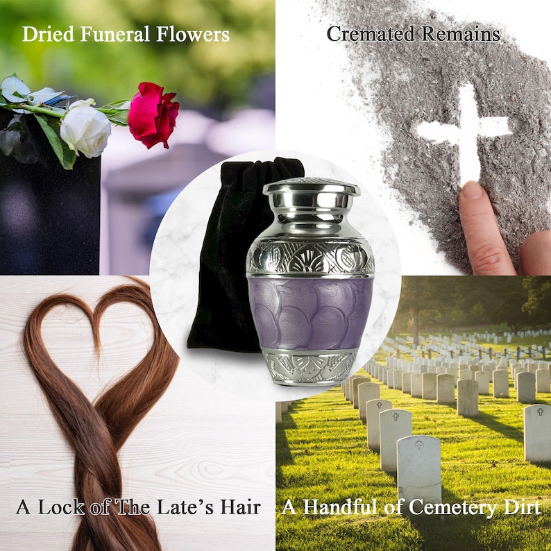 May include: An urn with a silver lid and base, and a purple midsection, sits next to a black velvet bag. The image includes text that reads "Dried Funeral Flowers", "Cremated Remains", "A Lock of The Late's Hair", and "A Handful of Cemetery Dirt."
