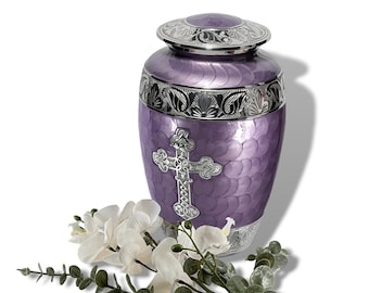 Large Cross Cremation Urn: Pearl Enamel, Hand Carved, 200 Lbs