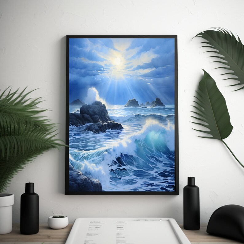 Celestial Shores: Sunrays Over Ocean Waves Canvas Digital Art AI ...