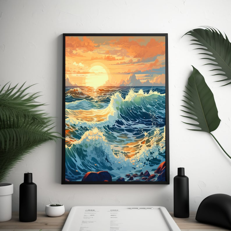Sundown Swell Stylized Ocean Wave Digital Art AI Digital Download