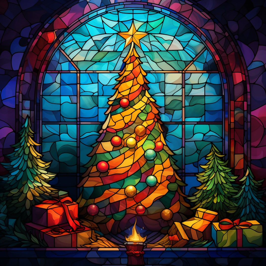Radiant Noel Stained Glass Christmas Tree Art Digital Print Etsy