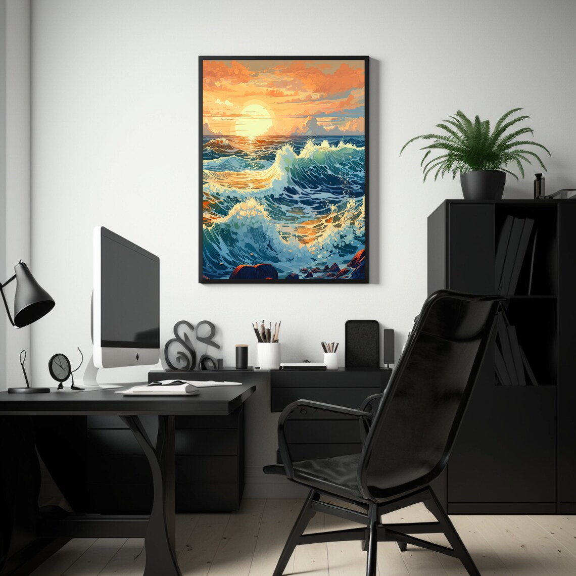 Sundown Swell Stylized Ocean Wave Digital Art AI Digital Download