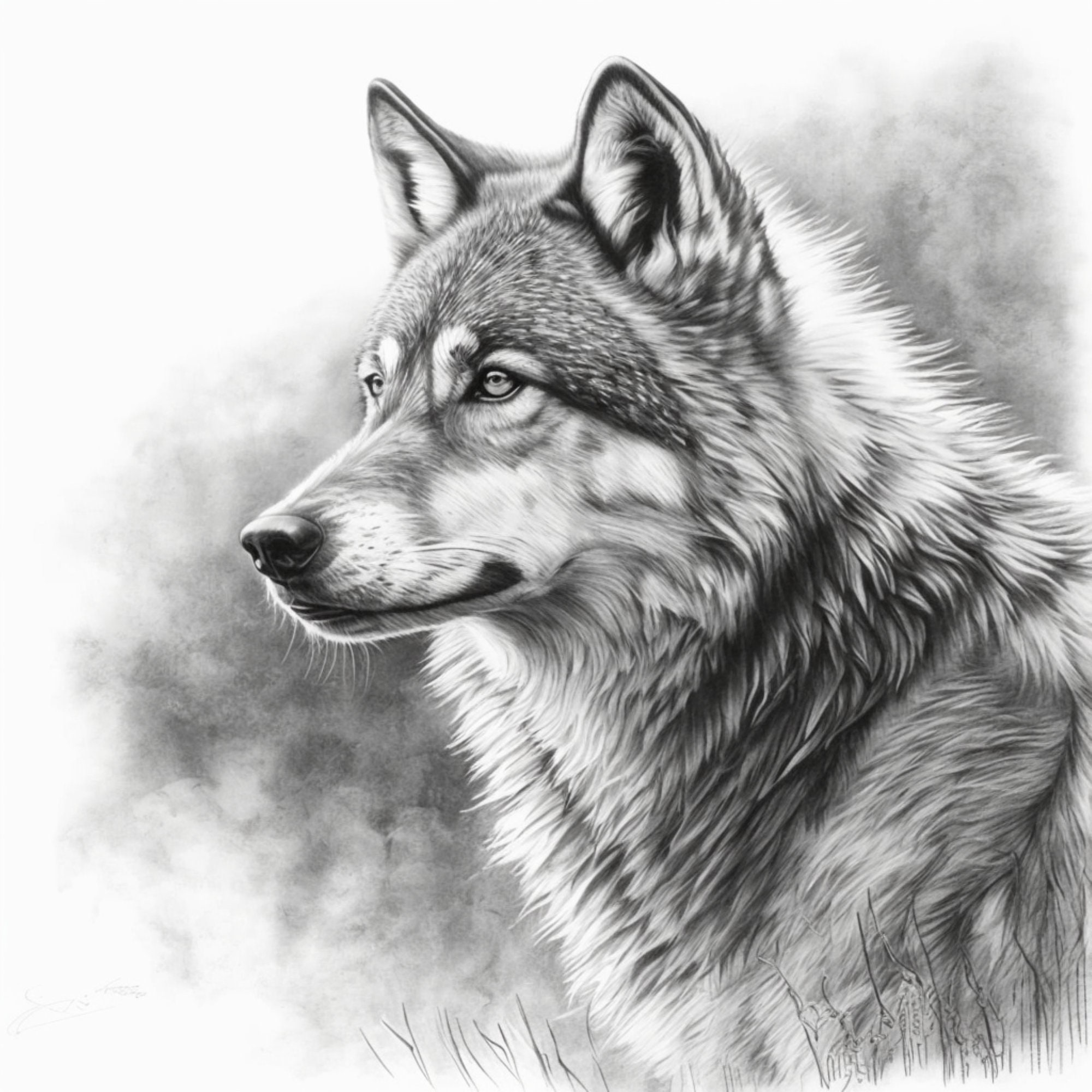 Wolf Pencil Sketch AI Digital Download Digital Art Animal Digital Image 