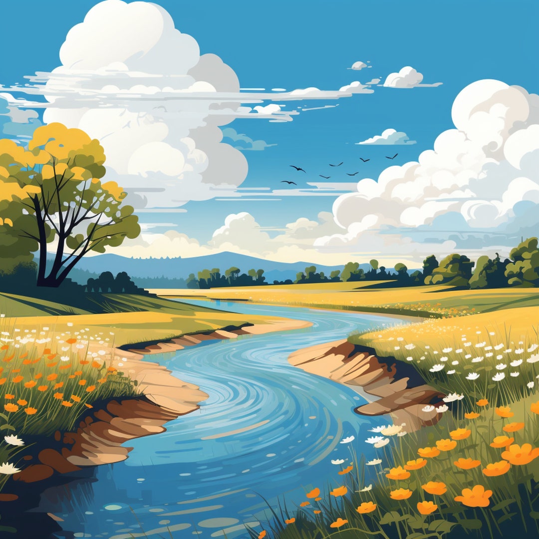 Serenity Flow Rustic River Landscape Digital Art AI Digital Download ...