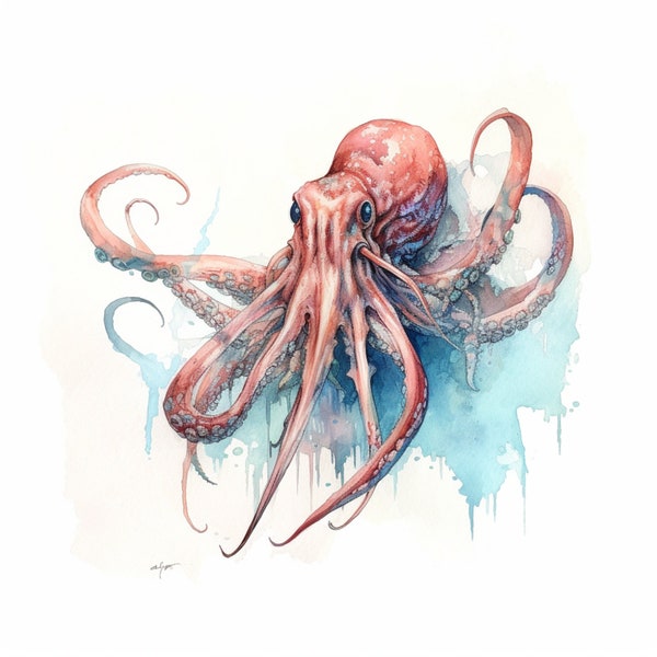 Giant Squid Watercolor | AI Digital Download | Digital Art | Animal | Digital Image