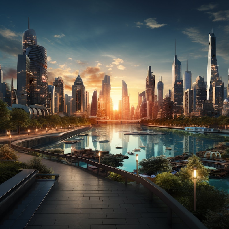 Golden Hour Cityscape Majestic Urban Sunset Digital Art AI Digital ...