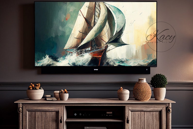 TV Screen Art Sailboat Rough Waters Art Wall Art Old Farmhouse Tv Art