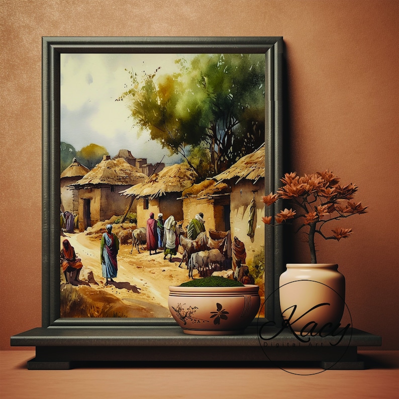 Ethiopian Village Art Ethiopia Art Ethiopian Wall Art Deco Wall Art Print Deco Print Watercolor