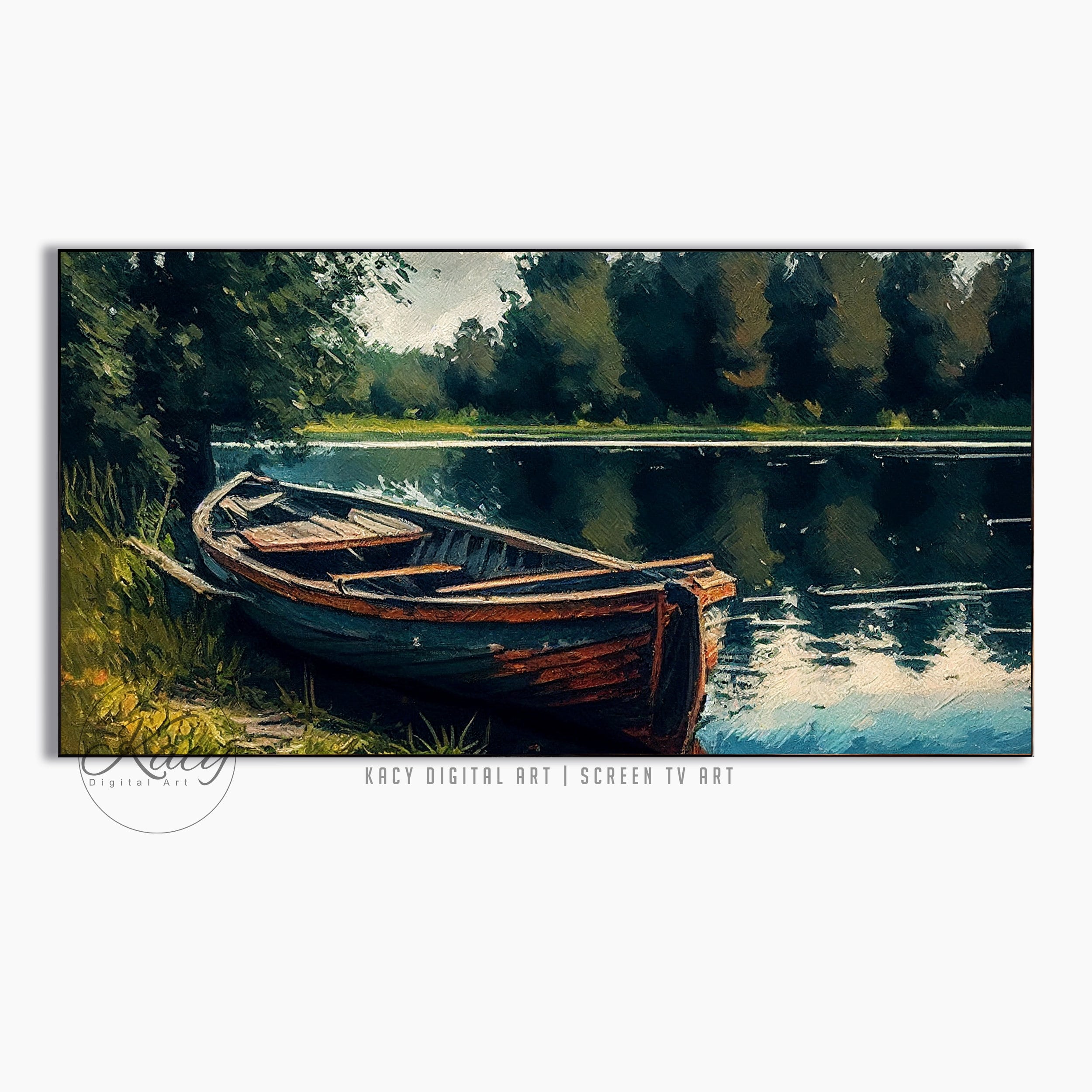 TV Screen Art Boat at the Lake Scene Art Wall Art Boat Etsy