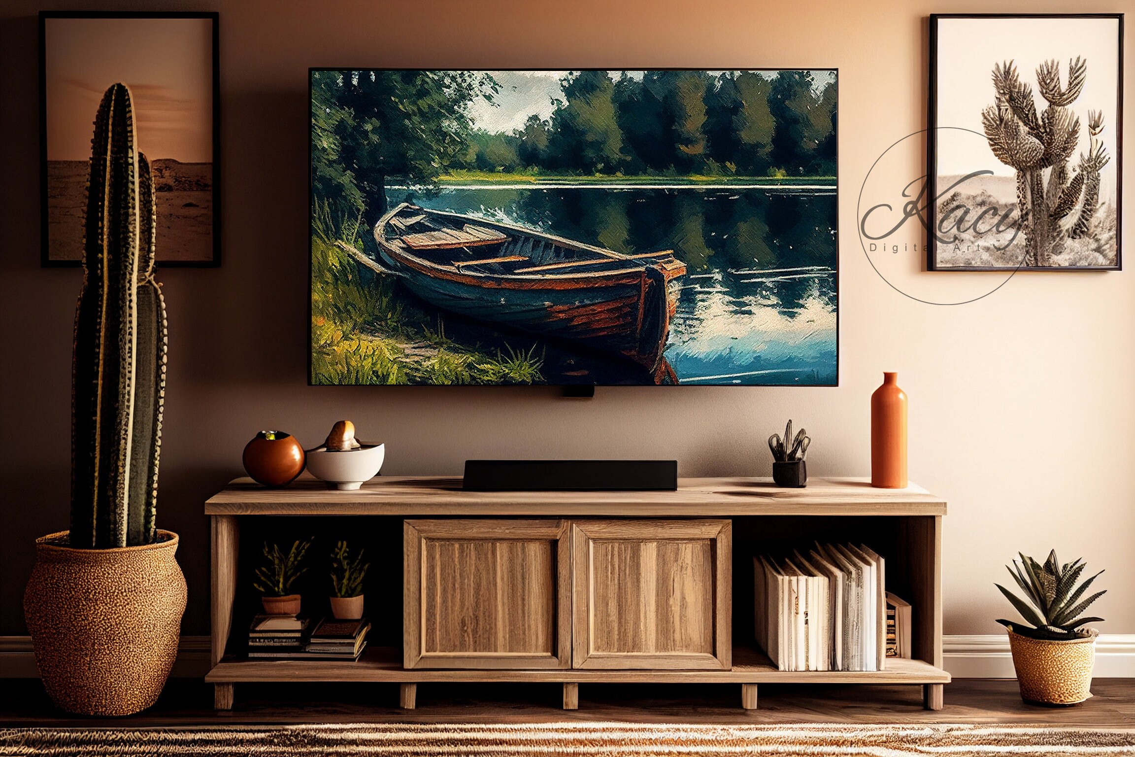 TV Screen Art Boat at the Lake Scene Art Wall Art Boat Etsy