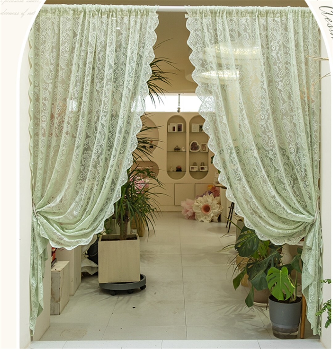 Vintage Green Lace Curtain, Froest Theme Lace Curtain,elegant French Lace Curtain, Living Room