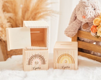 Custom rainbow money box, personalized money box girl, wooden piggy bank, baby gift girl, baptism gift, child money box birthday gift