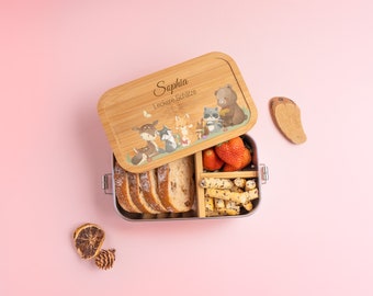 Personalisierte Lunchbox für Baby und Kinder, Obst Snackbox aus Bambus und Edelstahl, individuelle niedliche Tiere Lunchbox Geschenk zum Geburtstag