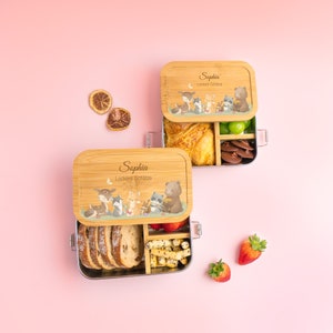 Personalisierte Lunchbox für Baby und Kinder, Obst Snackbox aus Bambus und Edelstahl, individuelle niedliche Tiere Lunchbox Geschenk zum Geburtstag Bild 1