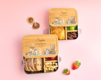 Personalisierte Lunchbox für Baby und Kinder, Obst Snackbox aus Bambus und Edelstahl, individuelle niedliche Tiere Lunchbox Geschenk zum Geburtstag