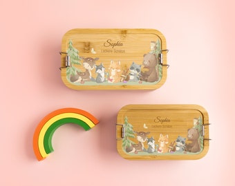 Personalisierte Lunchbox für Baby und Kinder, Obst Snackbox aus Bambus und Edelstahl, individuelle niedliche Tiere Lunchbox Geschenk zum Geburtstag