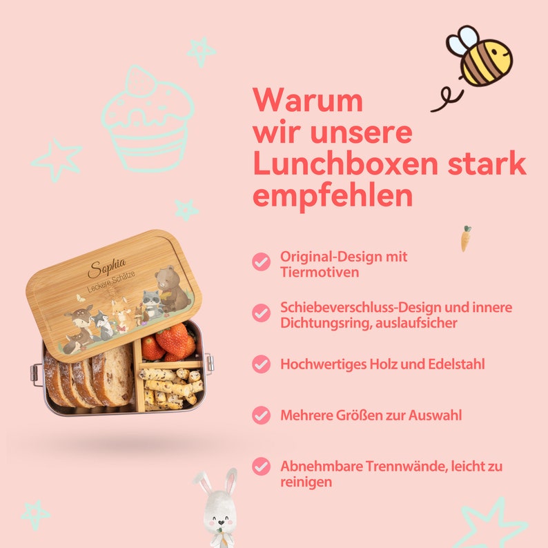 Personalisierte Lunchbox für Baby und Kinder, Obst Snackbox aus Bambus und Edelstahl, individuelle niedliche Tiere Lunchbox Geschenk zum Geburtstag Bild 6