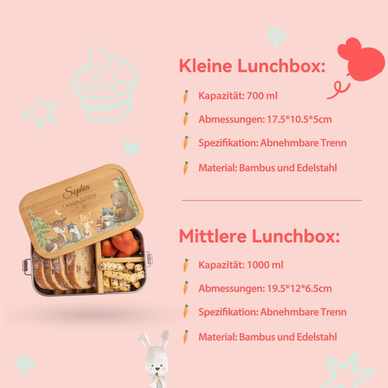 Personalisierte Lunchbox für Baby und Kinder, Obst Snackbox aus Bambus und Edelstahl, individuelle niedliche Tiere Lunchbox Geschenk zum Geburtstag Bild 6