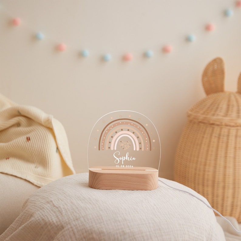 Baby night light personalised, custom kids night light with name and date, baby room decor, bedside lamp, baby gift birth, christening gift image 1